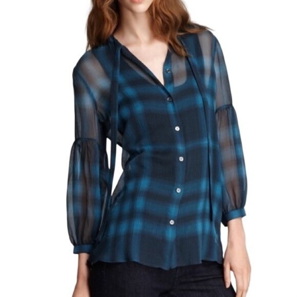 Burberry Plaid Georgette 100% Silk Blouse Shirt Tie Neck Button‎ Front  Women L - Picture 4 of 11
